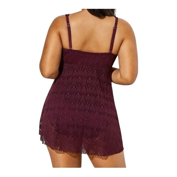 Swimsuits For All Wine Crochet Side Slit V-Neck Swim Dress Plus Size 32 Burgundy - Picture 2 of 13